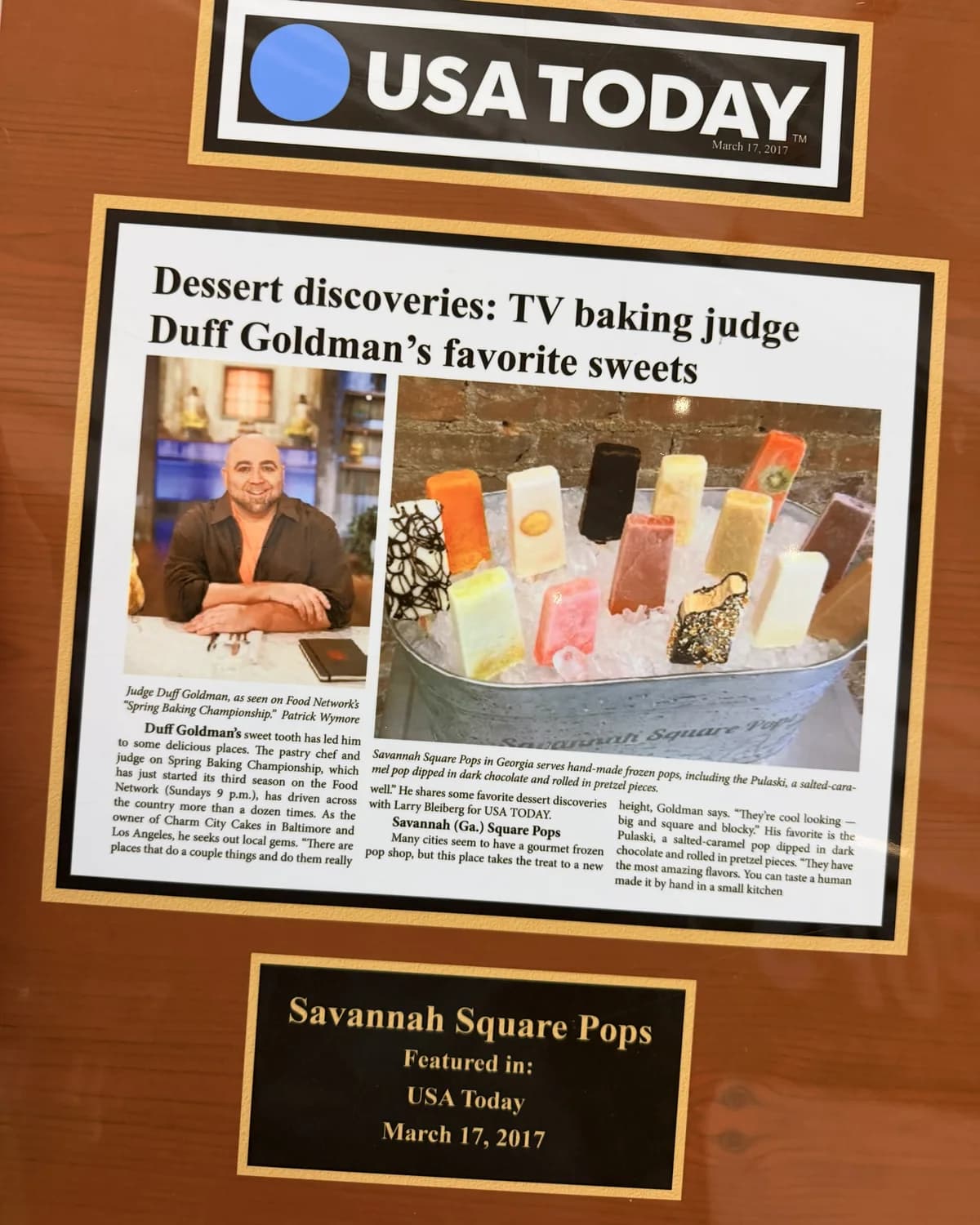 USA Today recognition plaque displayed at Savannah Square Pops