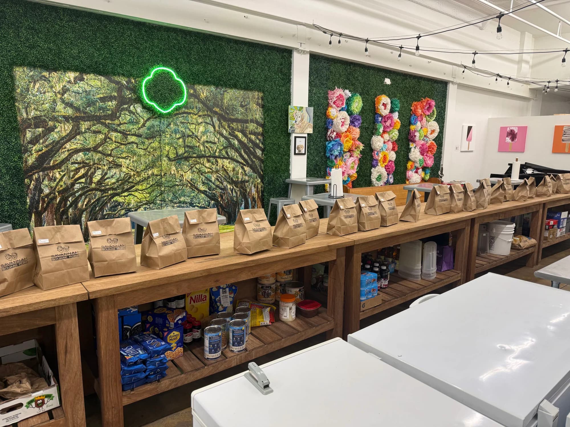 Labeled troop lunch bags prepared inside Savannah Square Pops